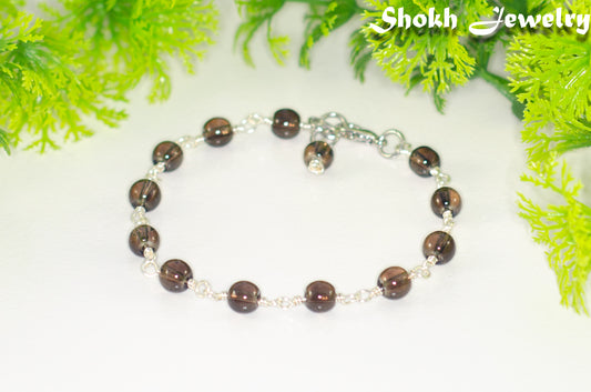 6mm Smoky Quartz Link Bracelet with Clasp and a dangle.