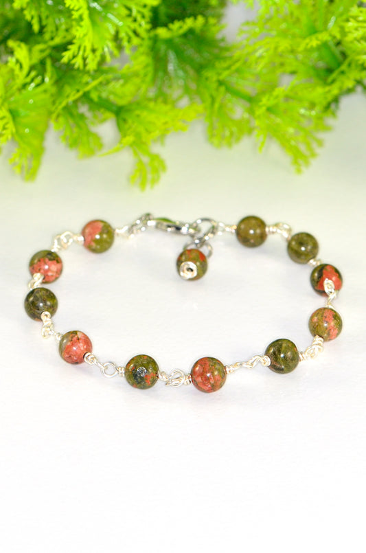 Close up of 6mm Unakite Jasper Link Bracelet.