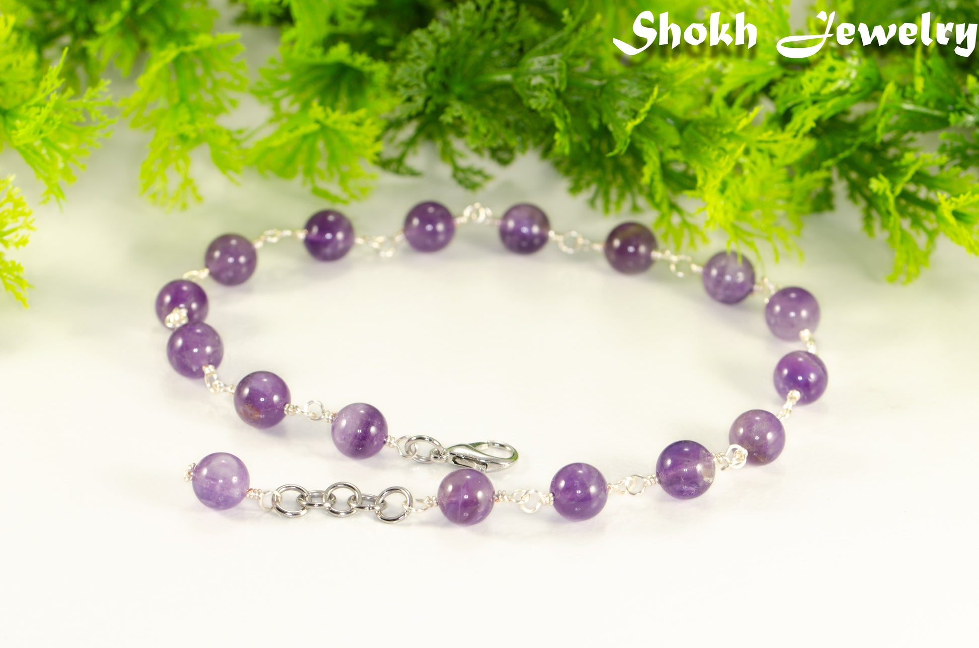 8mm Amethyst Crystal Link Choker Necklace with lobster claw clasp, extender chain and a dangle.