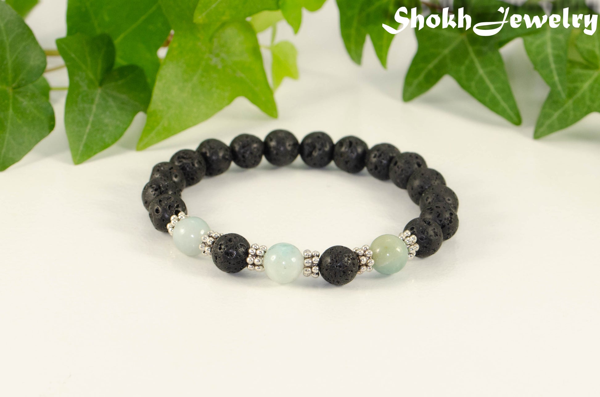 8mm Black Lava Stone and Amazonite Bracelet.