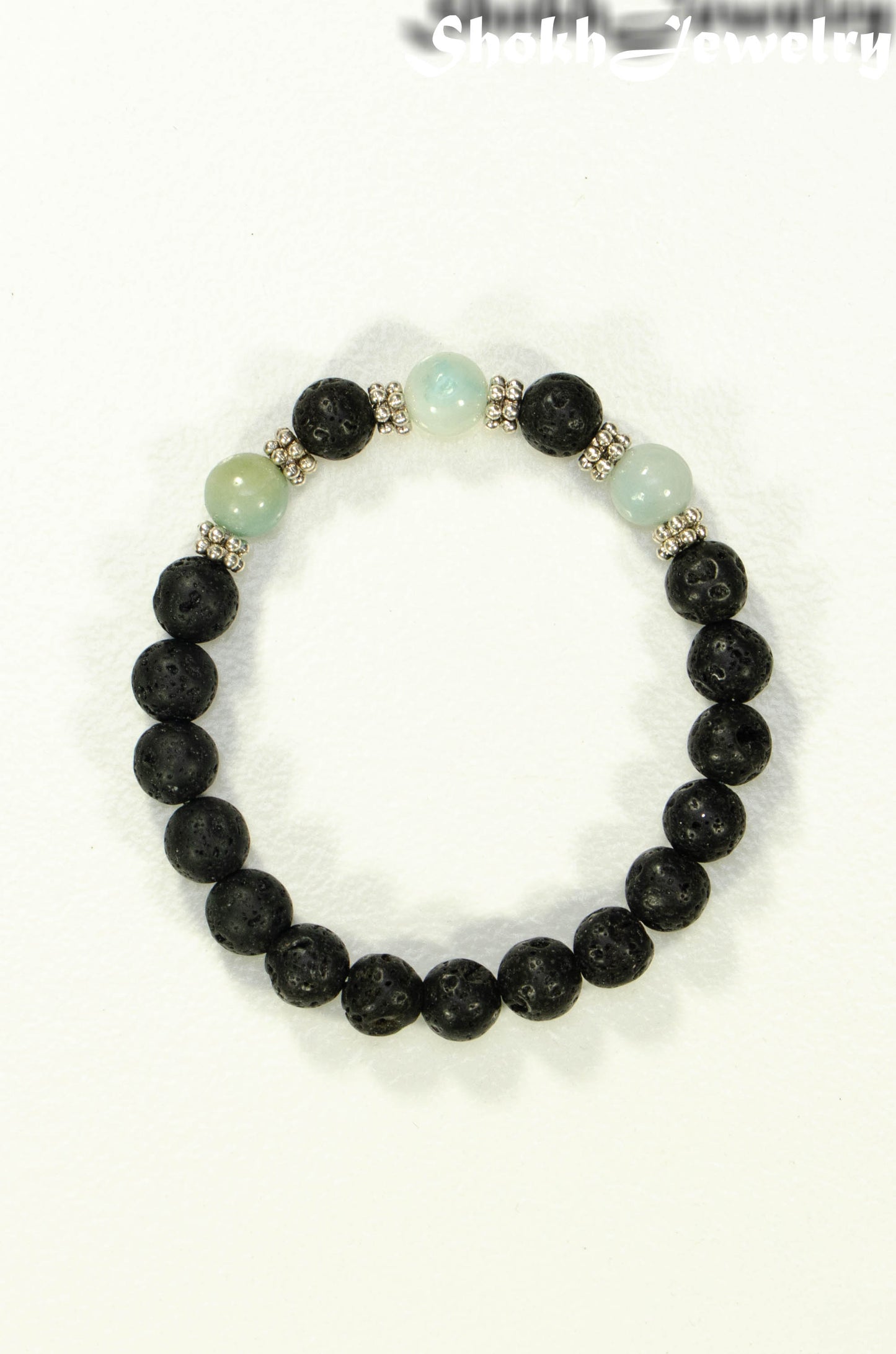 Top view of 8mm Black Lava Stone and Amazonite Bracelet.