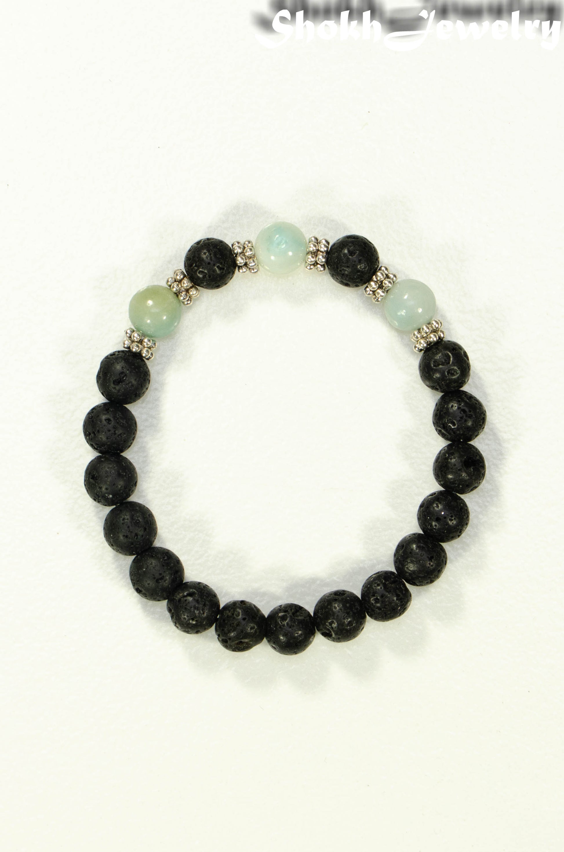 Top view of 8mm Black Lava Stone and Amazonite Bracelet.
