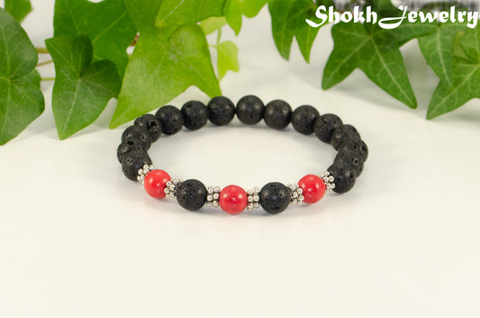 8mm Black Lava Stone and Red Howlite Bracelet.