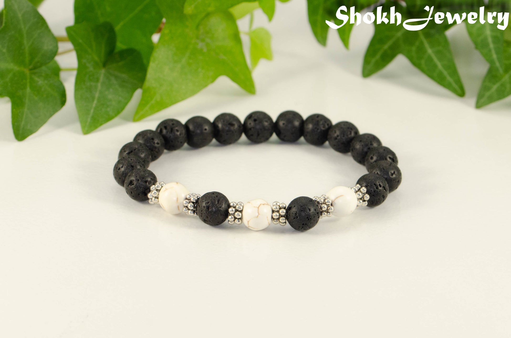 8mm Black Lava Stone and White Howlite Bracelet.