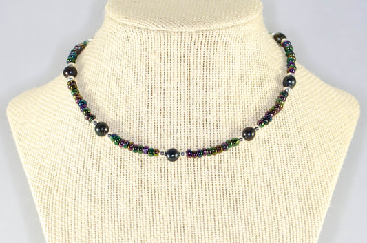 Black Freshwater Pearl and Seed Bead Choker Necklace displayed on a bust.