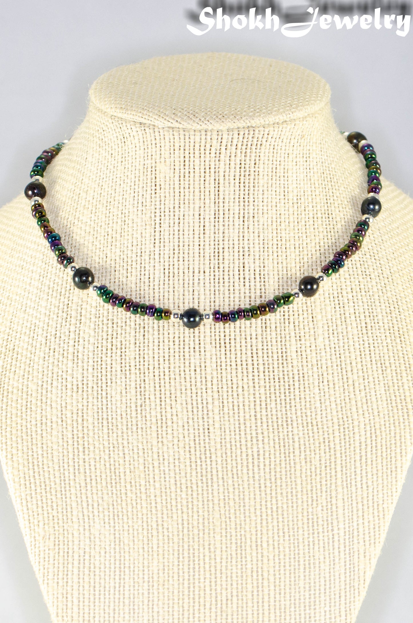 Close up of Black Freshwater Pearl and Seed Bead Choker Necklace.