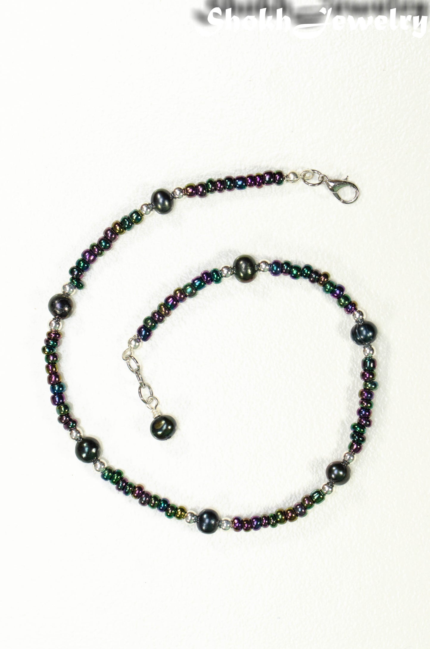 Top view of Black Freshwater Pearl and Seed Bead Choker Necklace.