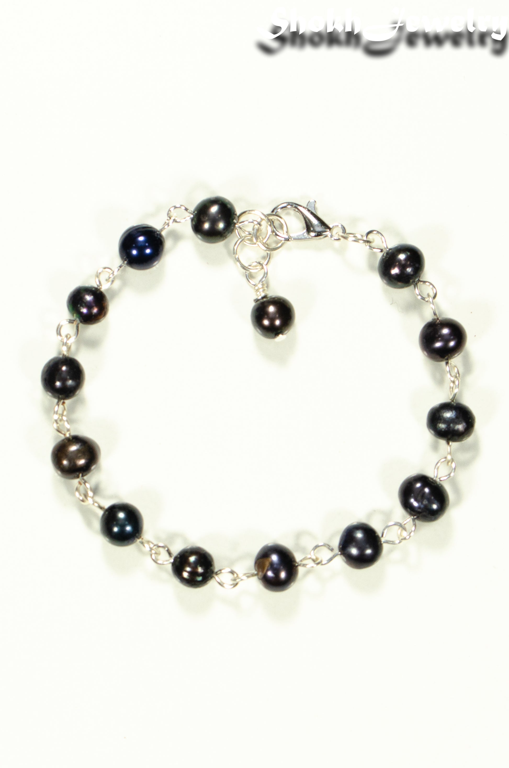 Top view of Black Freshwater Pearls Link Chain Bracelet.