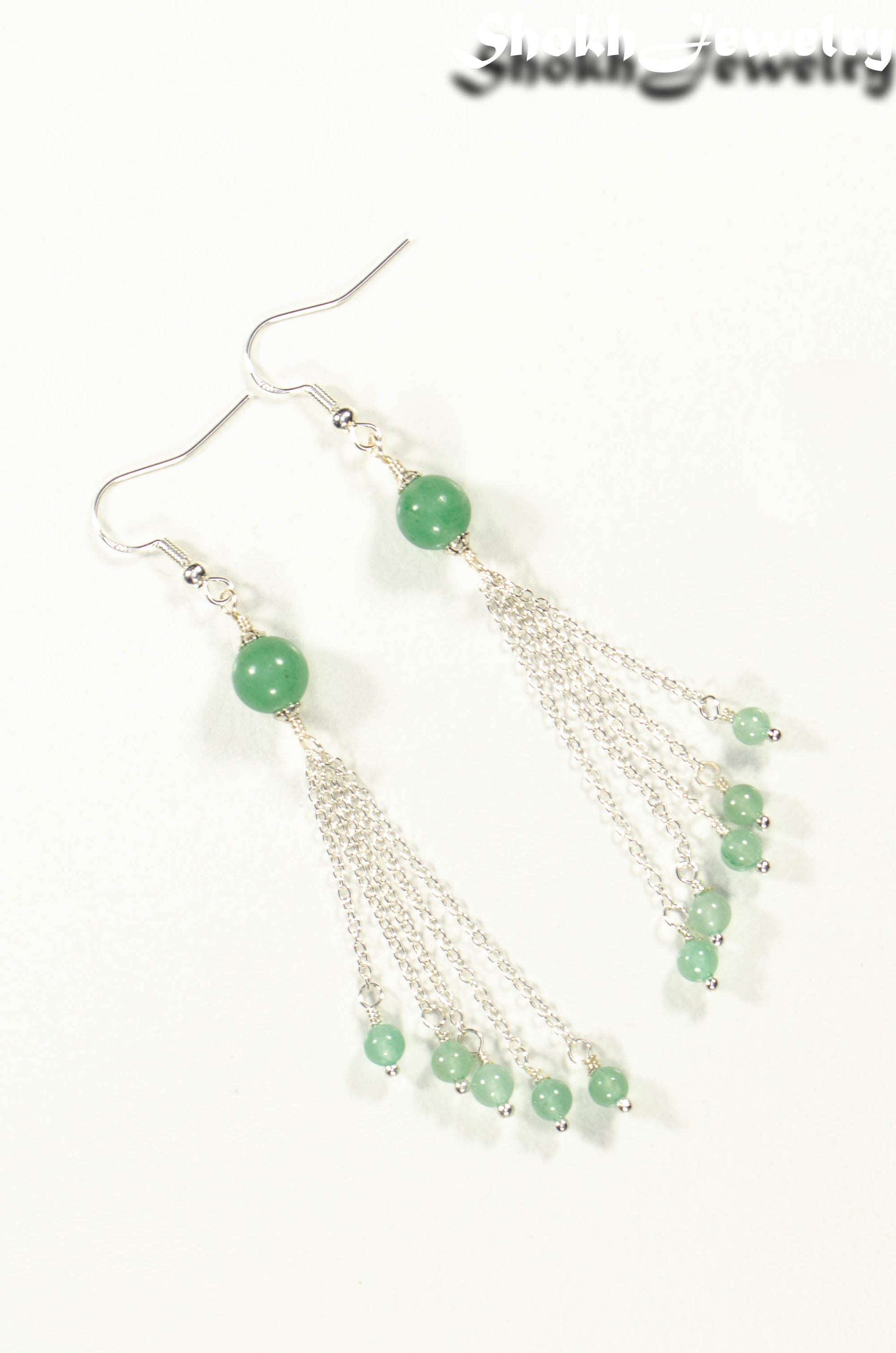 Top view of Cascading Green Aventurine Crystal Drop Earrings.