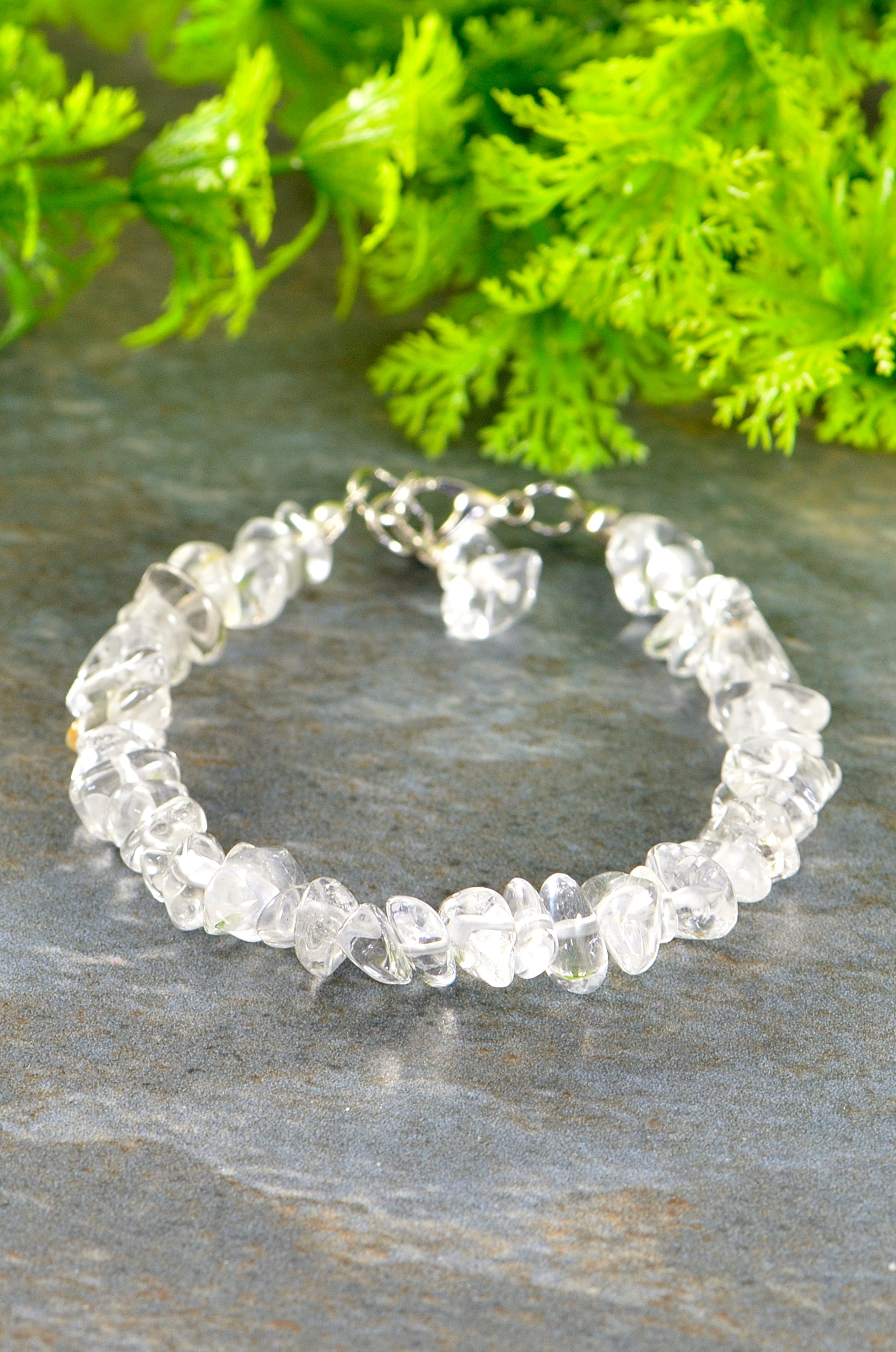 Close up of Clear Quartz Crystal Chip Bracelet.