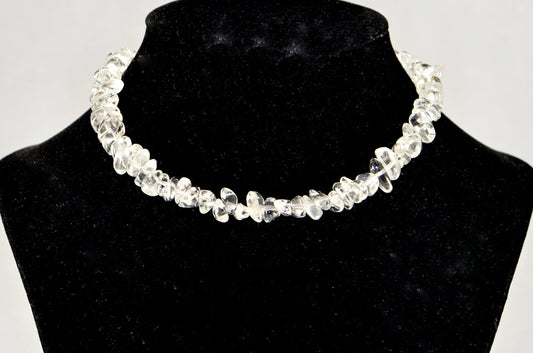 Clear Quartz Crystal Chip Choker Necklace displayed on a bust.