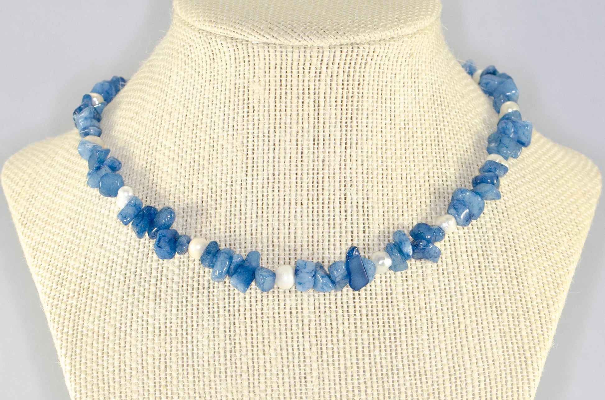 Freshwater Pearl and Natural Blue Quartzite Chip Choker Necklace displayed on a bust.