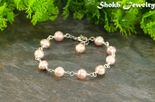 Lavender Freshwater Pearls Link Chain Bracelet with clasp and a dangle.