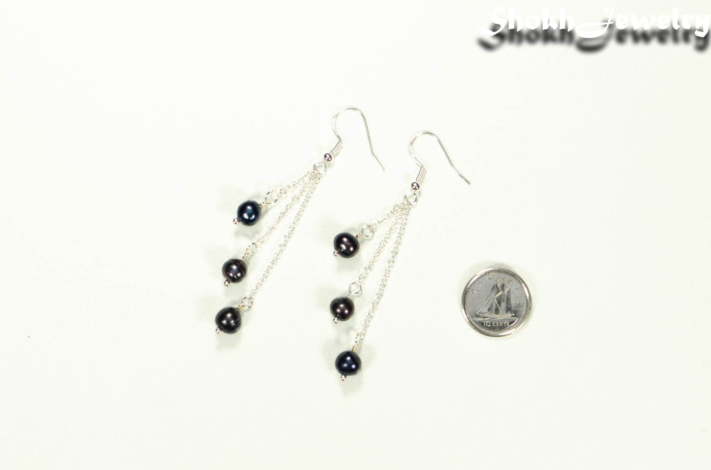 Long Silver Plated Chain and Black Pearl Earrings beside a dime