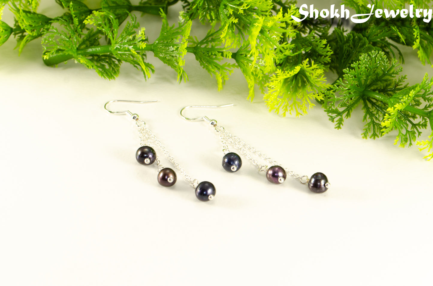 Long Silver Plated Chain and Black Pearl Earrings with silver plated ear wires.