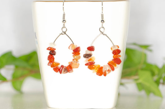 Natural Carnelian Crystal Chip Hoop Earrings