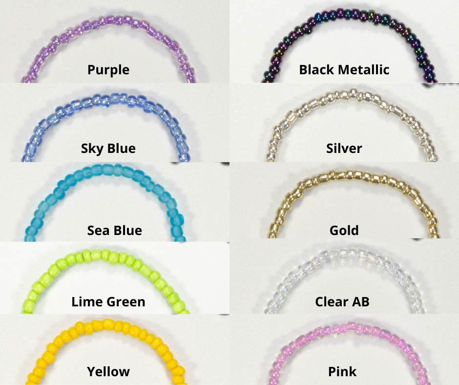 Bracelet color options: Rainbow, Purple, Sky Blue, Sea Blue, Lime Green, Yellow, Black Metallic, Silver, Gold, Clear AB and Pink.