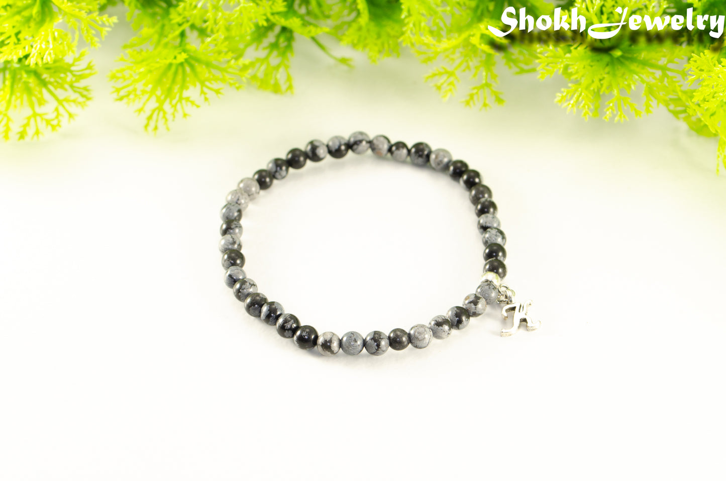 4mm Snowflake Obsidian Bracelet with Initial.