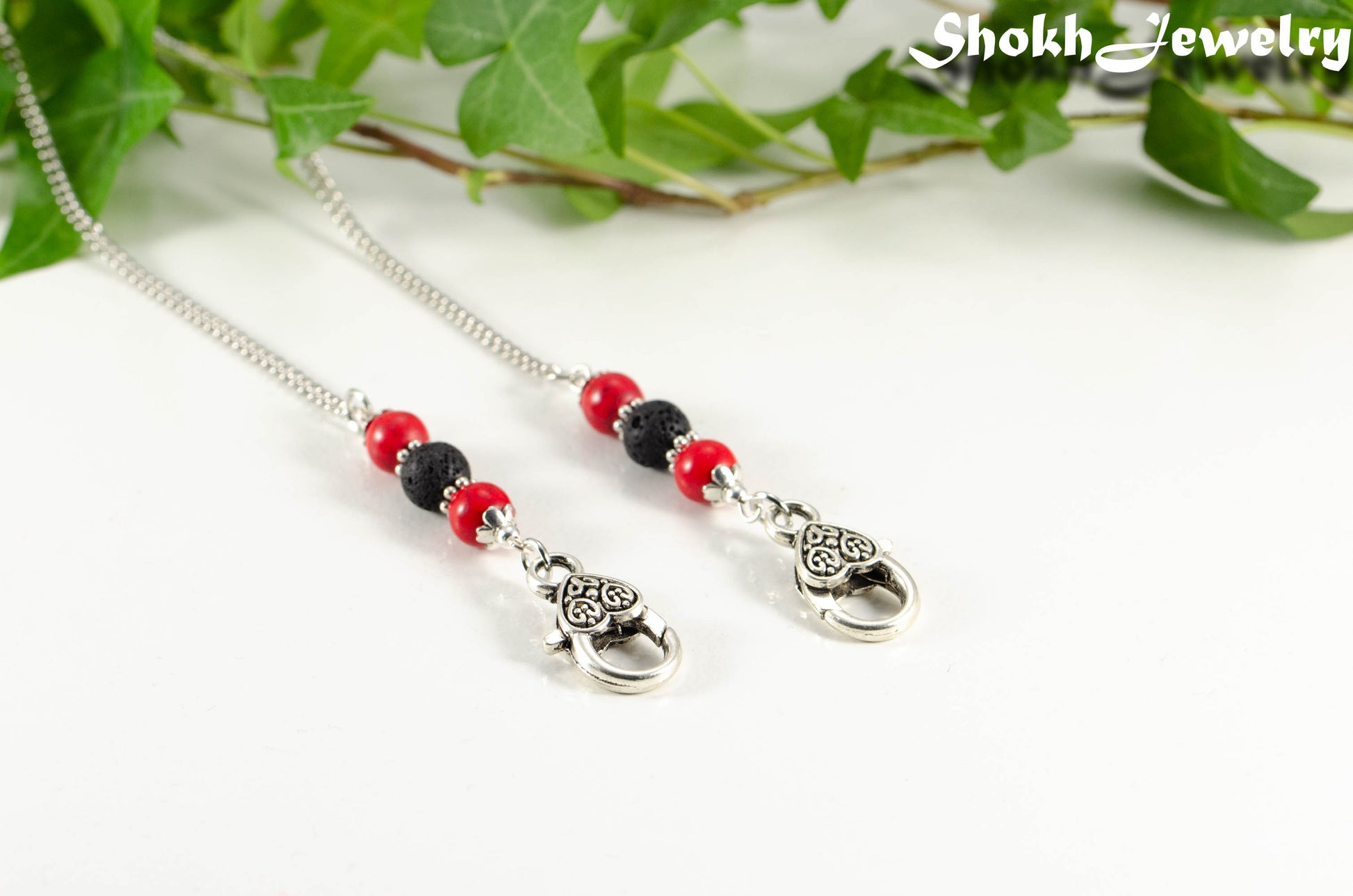8mm Red Howlite and Black Lava Stone Eyeglass Chain