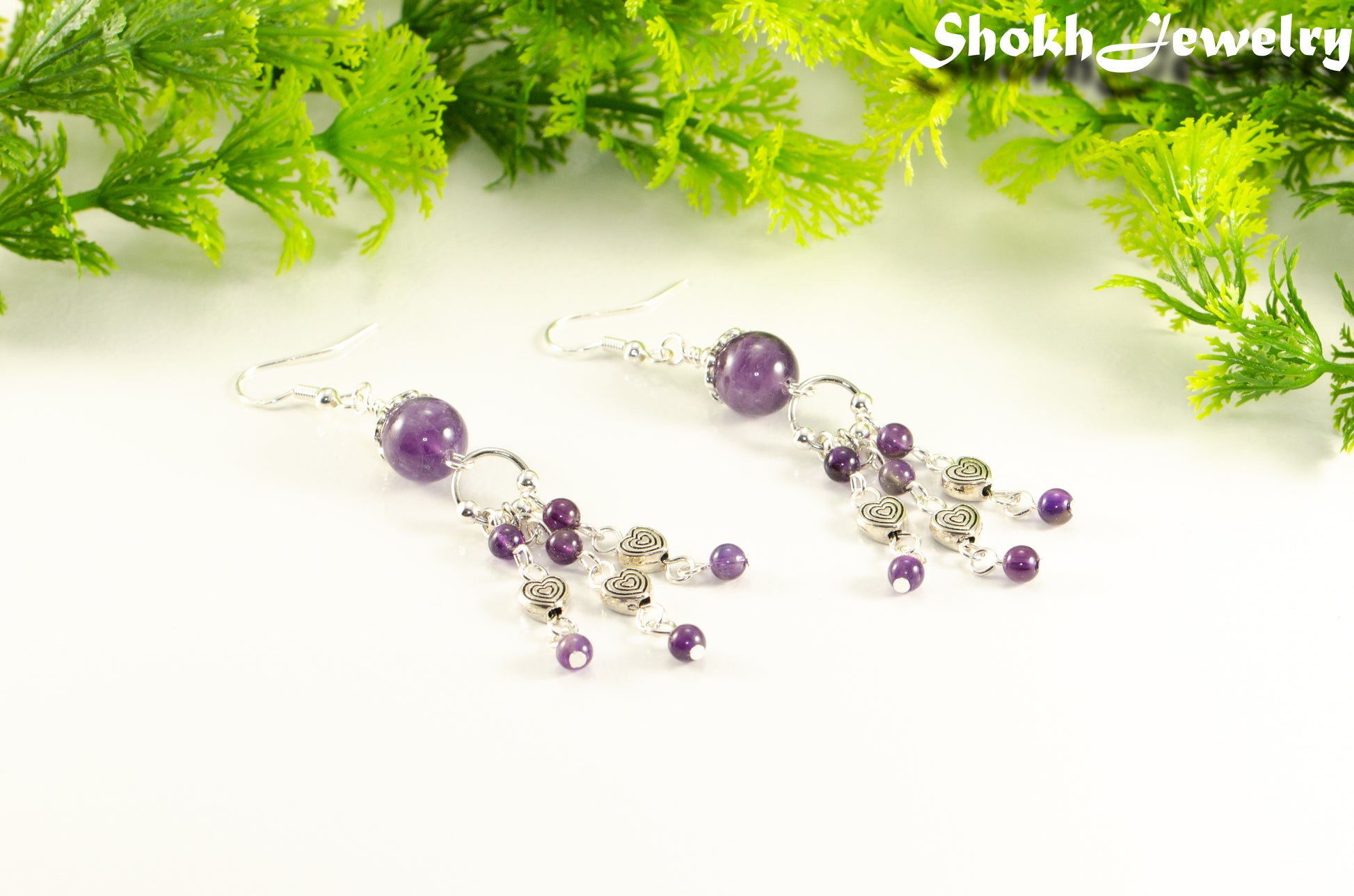 Statement Amethyst and Heart Chandelier Earrings.