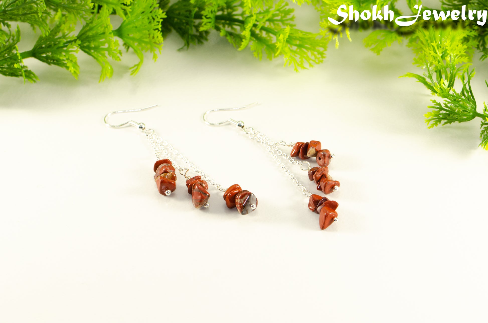 Long Silver Plated Chain and Red Jasper Chip Earrings.
