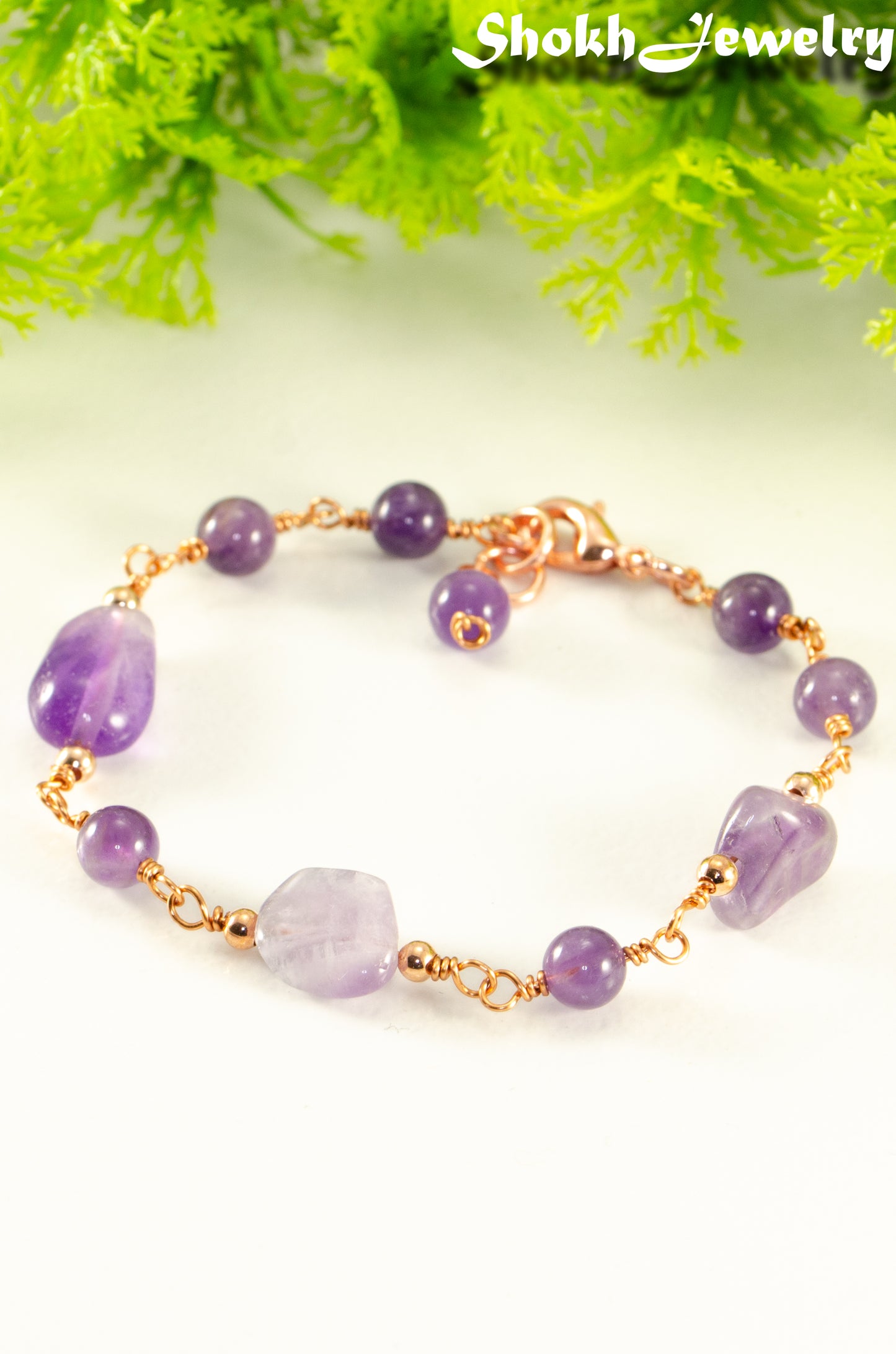 Close up of Chunky Amethyst Nugget and Beads Link Bracelet.