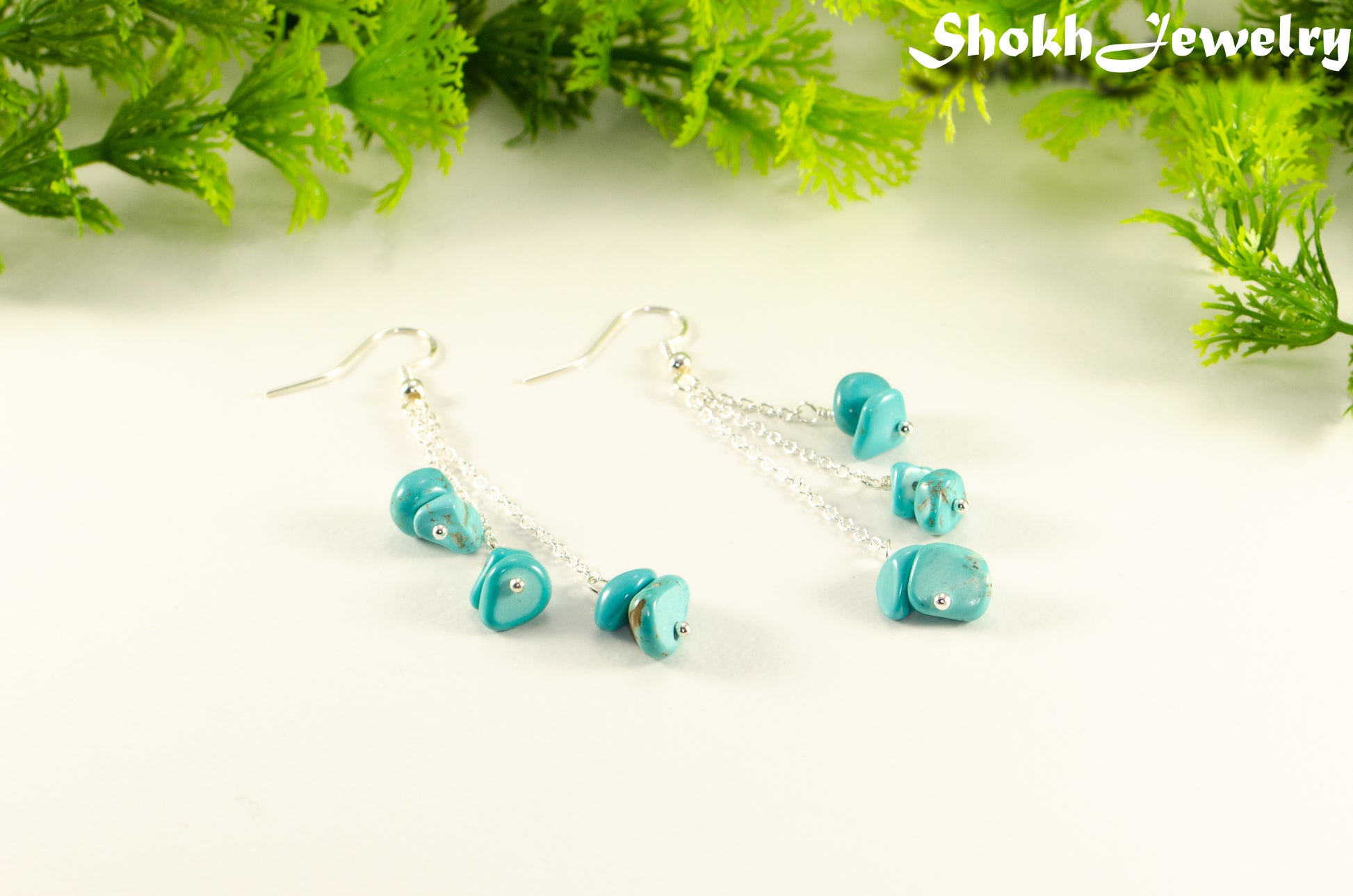 Long Silver Plated Chain and Turquoise Crystal Chip Earrings.