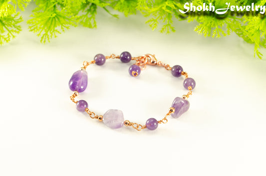 Chunky Amethyst Nugget and Beads Link Bracelet with copper tone lobster claw clasp.