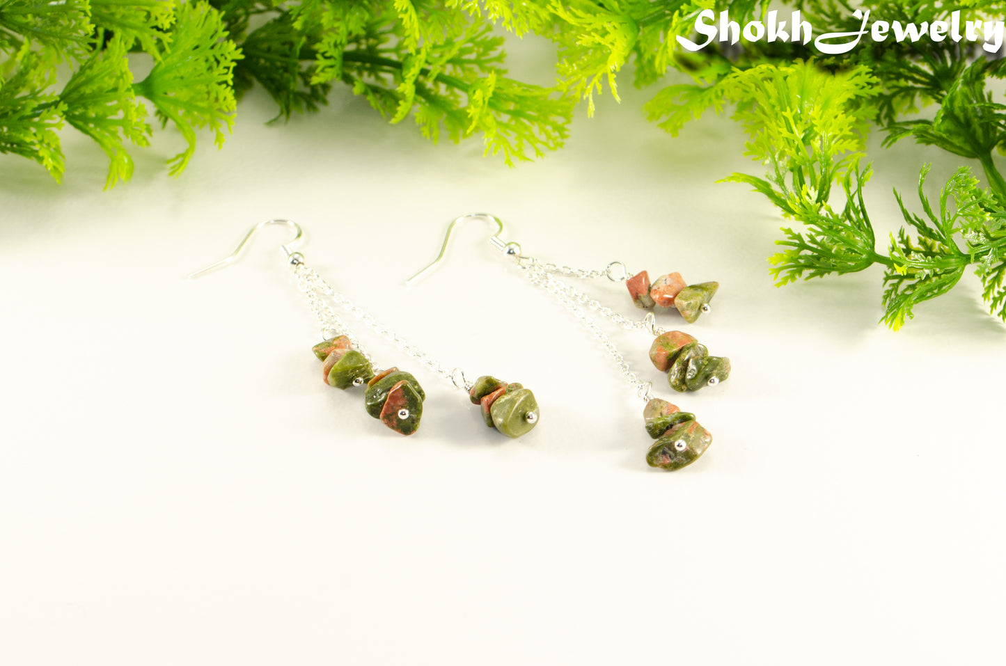 Long Silver Plated Chain and Unakite Crystal Chip Earrings.