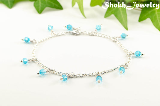 Aqua Blue Glass Crystal Dangle and Chain Anklet for women.