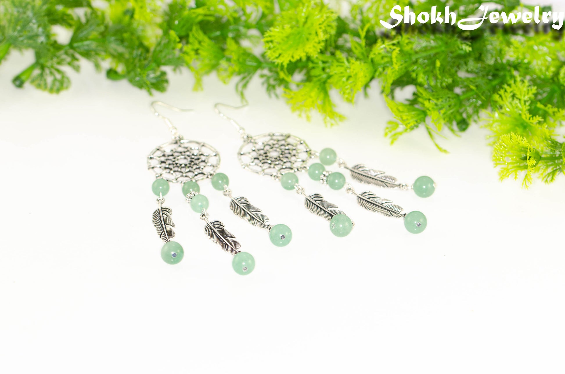 Extra Long Green Aventurine Dream Catcher Earrings.