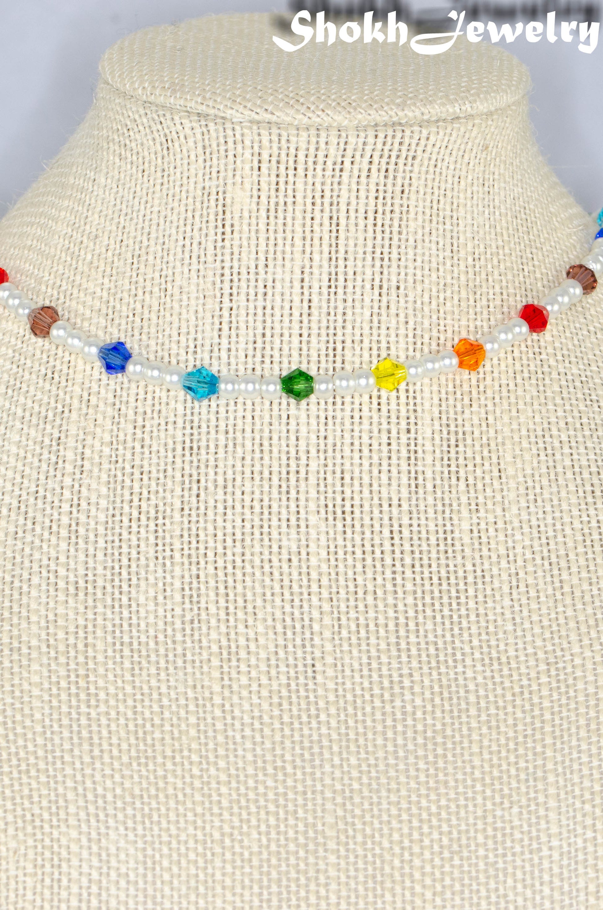 Rainbow Glass Crystal and Pearl Choker Necklace.