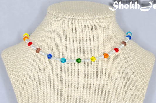 Rainbow Glass Crystal and Pearl Choker Necklace displayed on a bust.