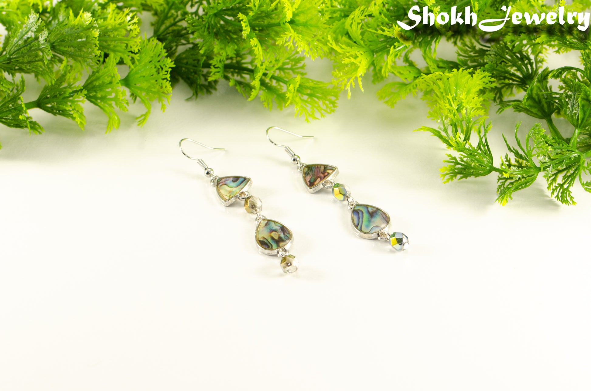 Long Abalone Shell and Glass Crystal Earrings.