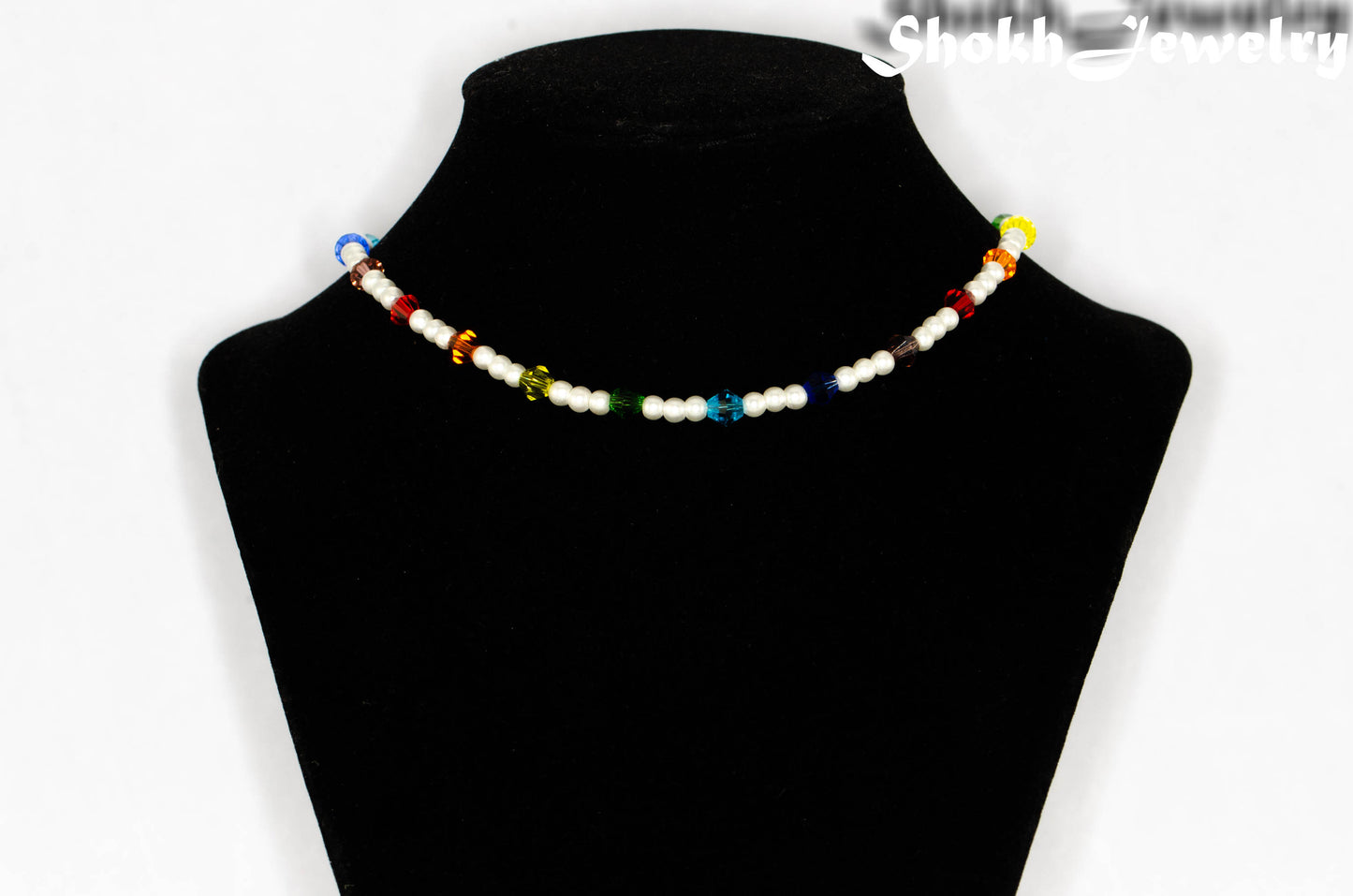 Rainbow Glass Crystal and Pearl Choker Necklace displayed on a bust.