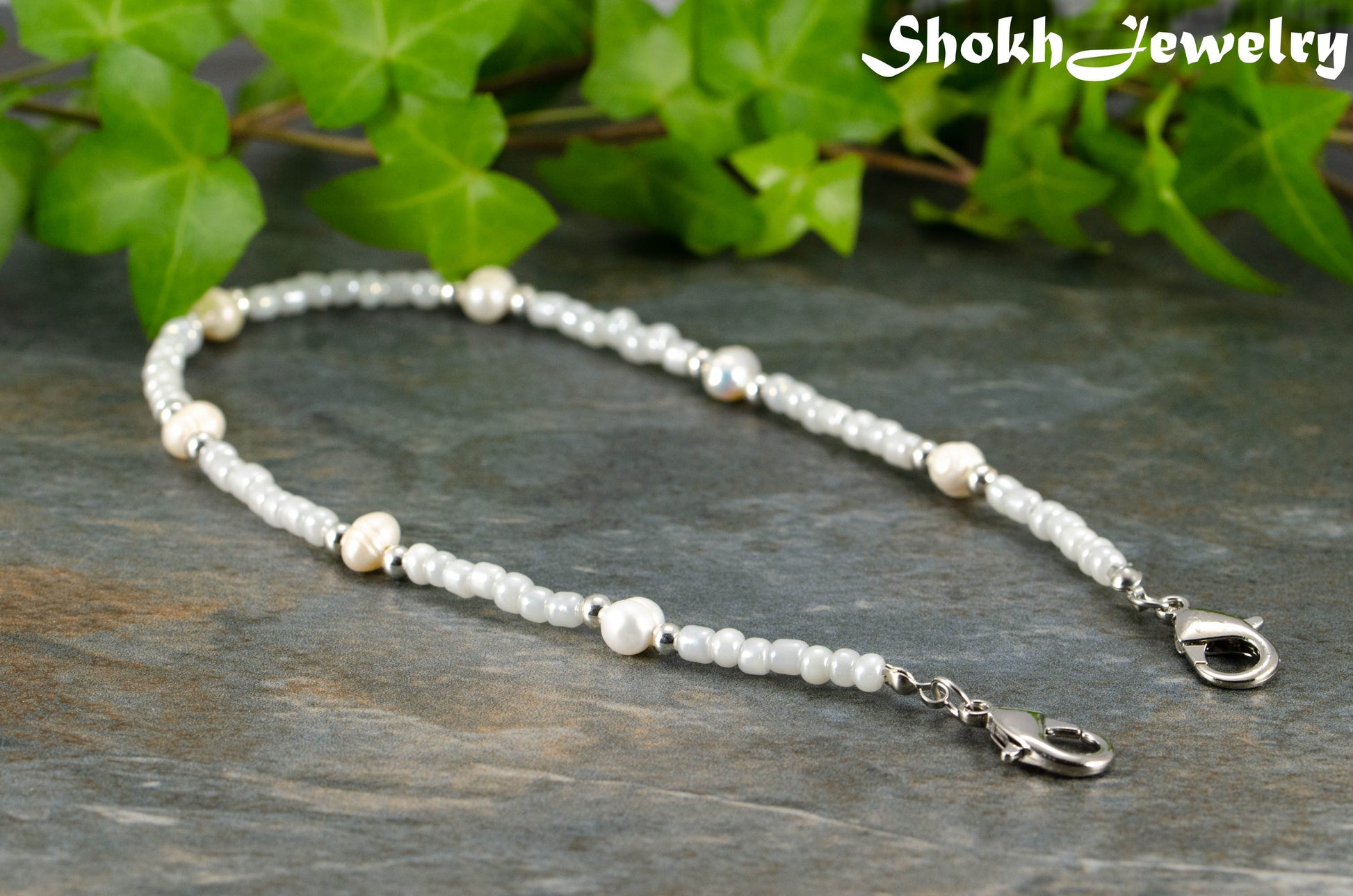 Freshwater Pearl and seed bead Eyeglass Chain with silver clasps.