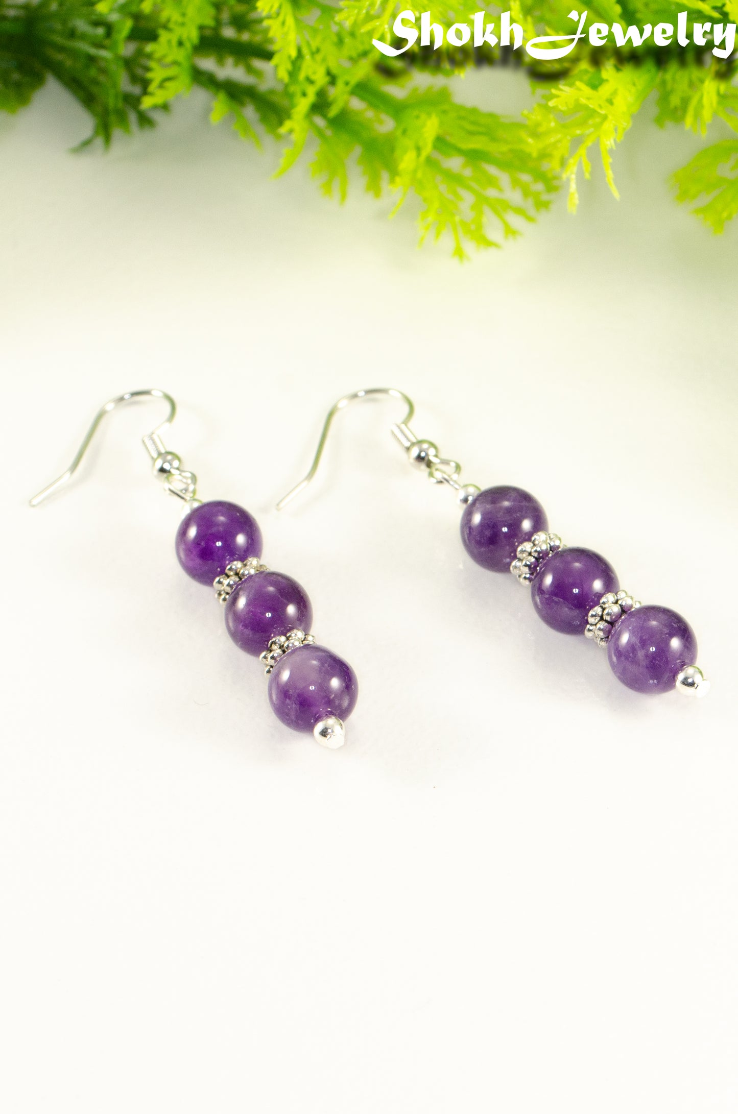 Natural Amethyst Beaded Bar Earrings.