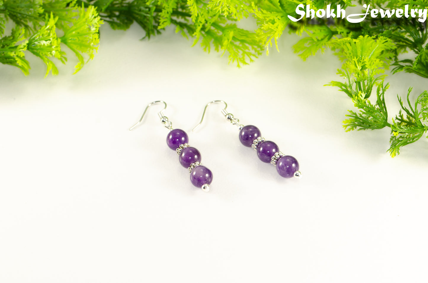 Natural Amethyst Beaded Bar Earrings.