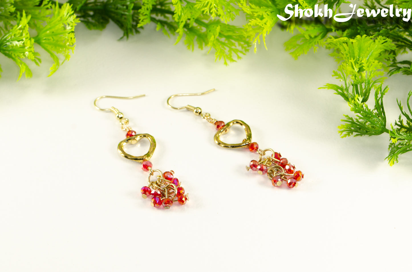 Gold Plated Heart and Red Crystal Cluster Earrings.