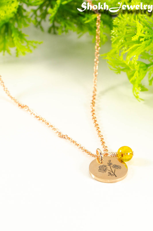 Rose Gold Plated November Birth Flower Necklace with Citrine Birthstone Pendant.