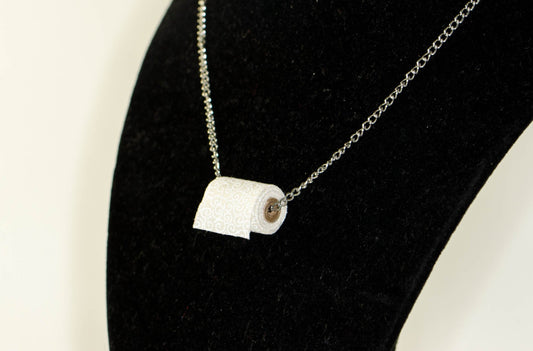 Miniature Toilet Paper Roll and Dainty Chain Choker Necklace displayed on a bust.
