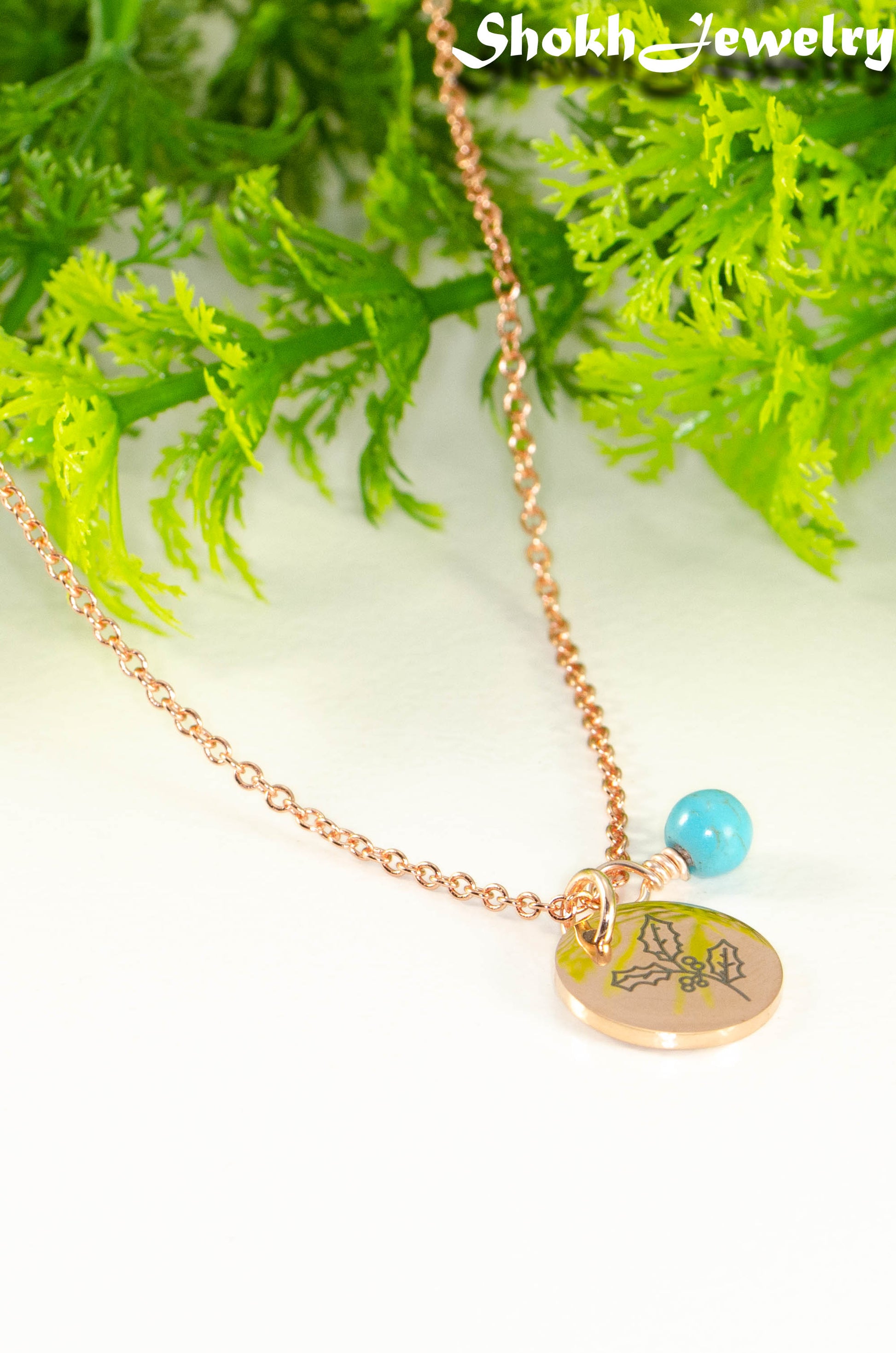 Rose Gold Plated December Birth Flower Necklace with Turquoise Howlite Birthstone Pendant.
