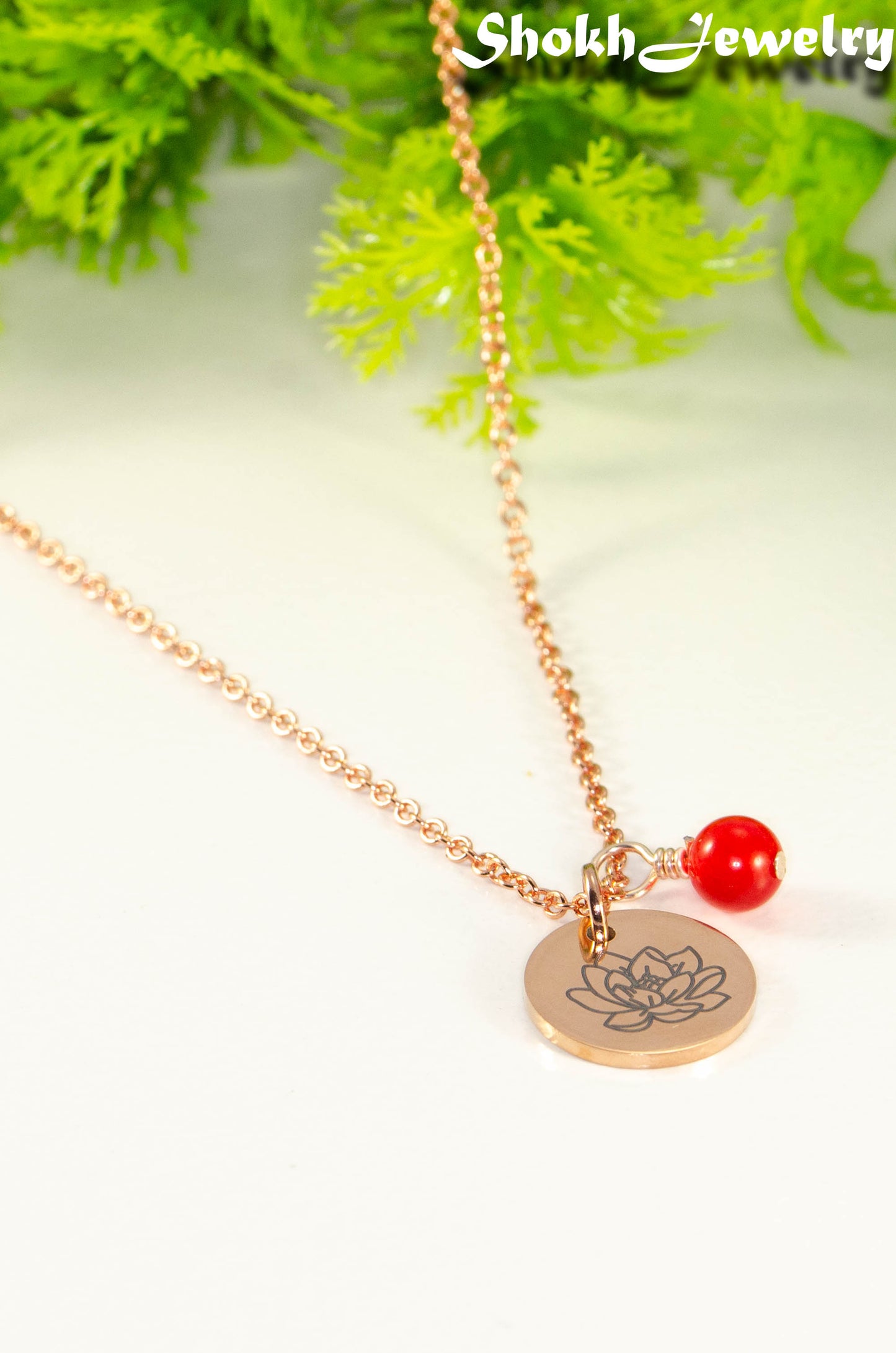 Rose Gold Plated July Birth Flower Necklace with Red Ruby Birthstone Pendant.