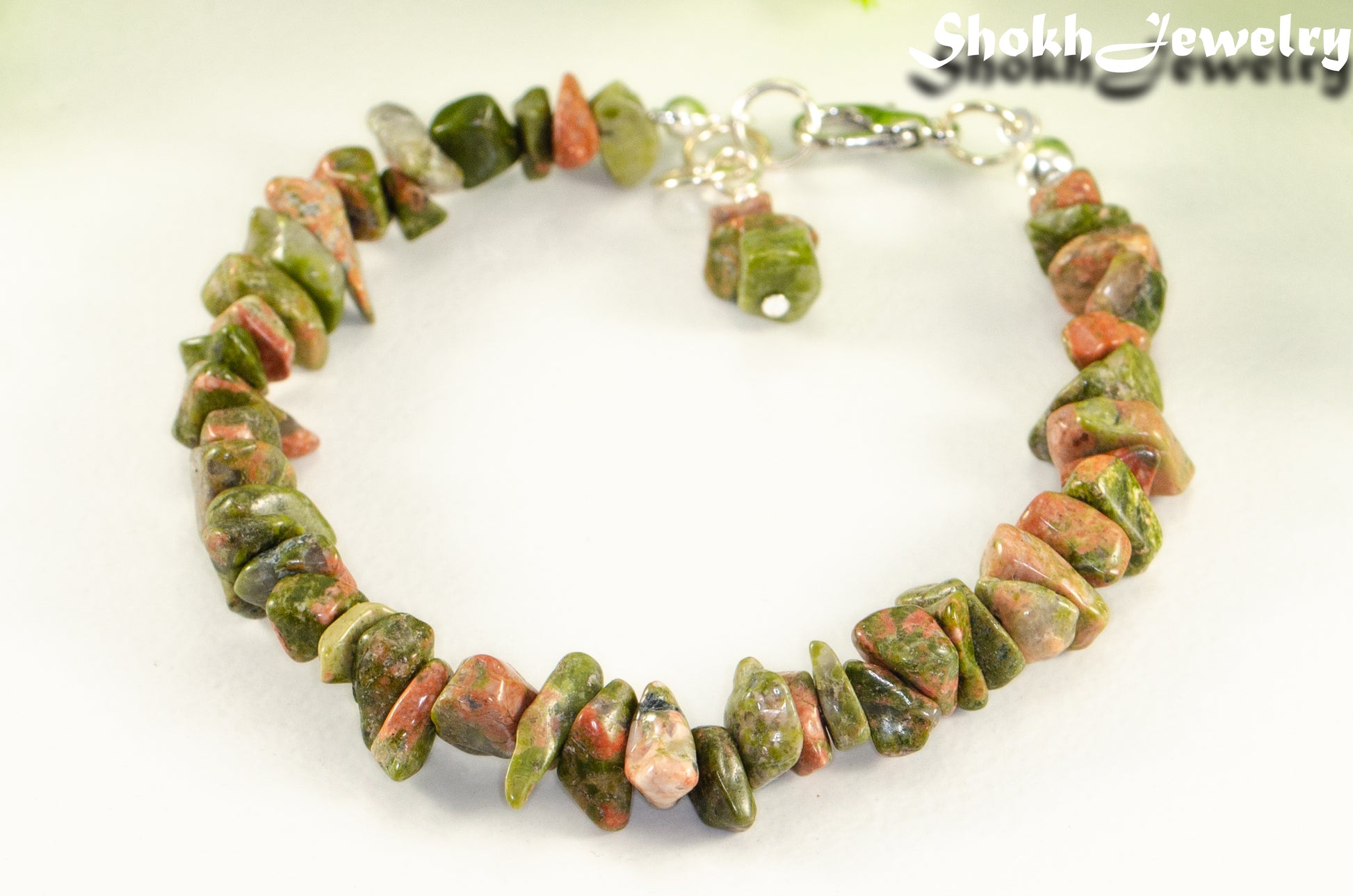 Close up of Natural Unakite Crystal Chip Bracelet.