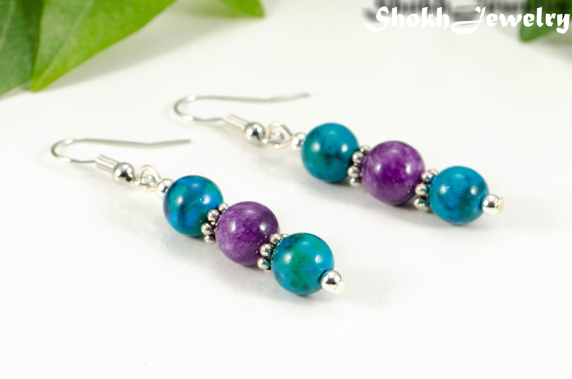 Close up of Purple Quartzite and Blue Jade Beaded Bar Earrings.