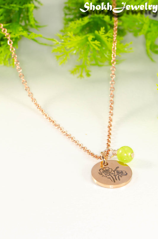 Rose Gold Plated August Birth Flower Necklace with Peridot Birthstone Pendant.