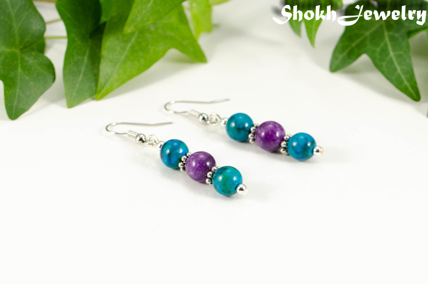 Purple Quartzite and Blue Jade Beaded Bar Earrings.