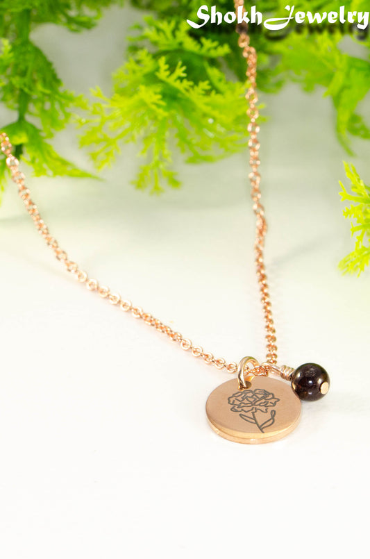 Rose Gold Plated January Birth Flower Necklace with Garnet Birthstone Pendant.