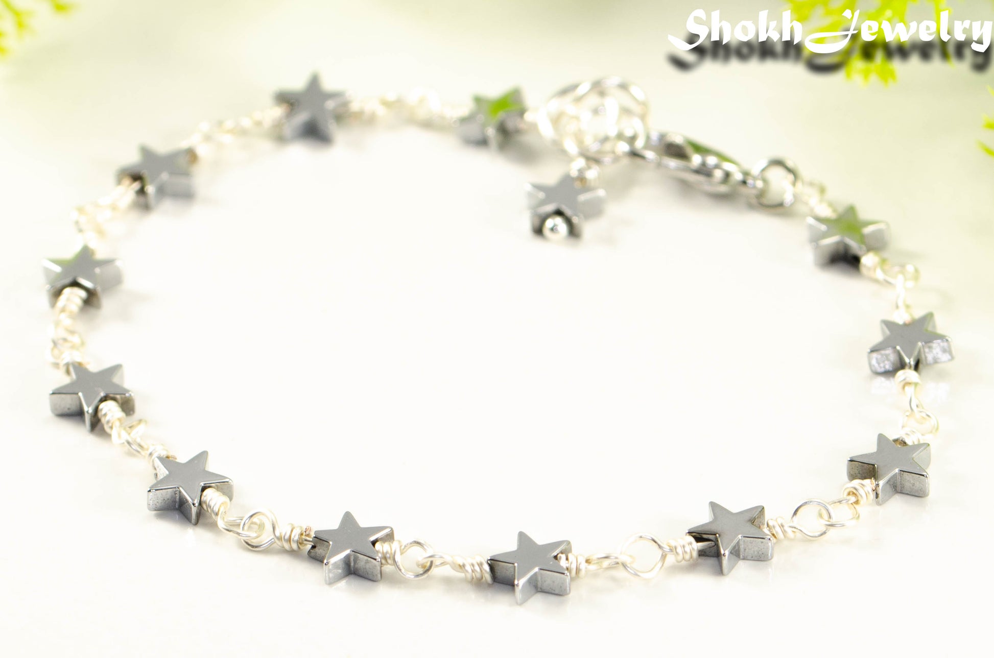 Close up of Small Hematite Star Link Bracelet.