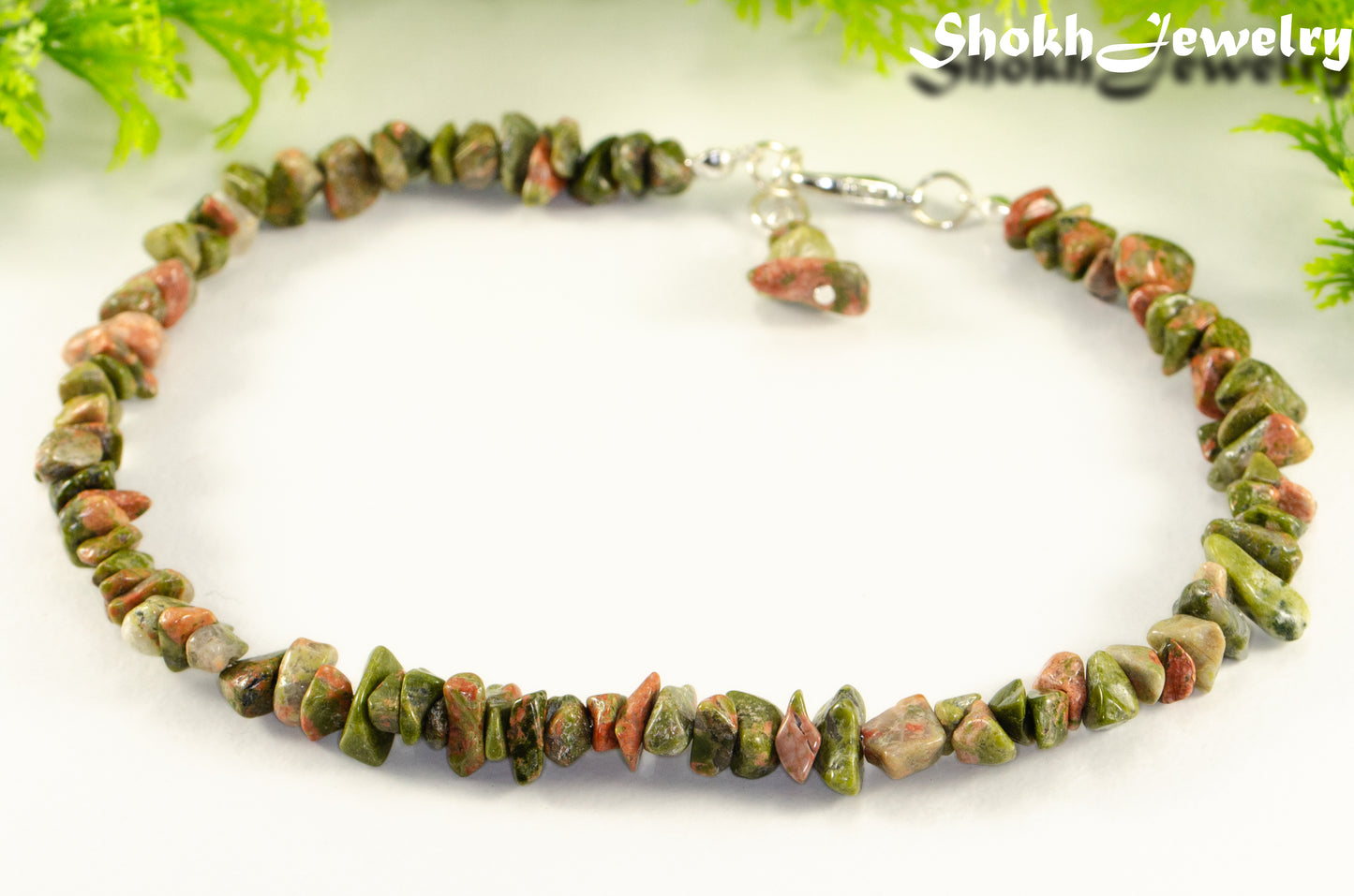 Close up of Natural Unakite Crystal Chip Anklet